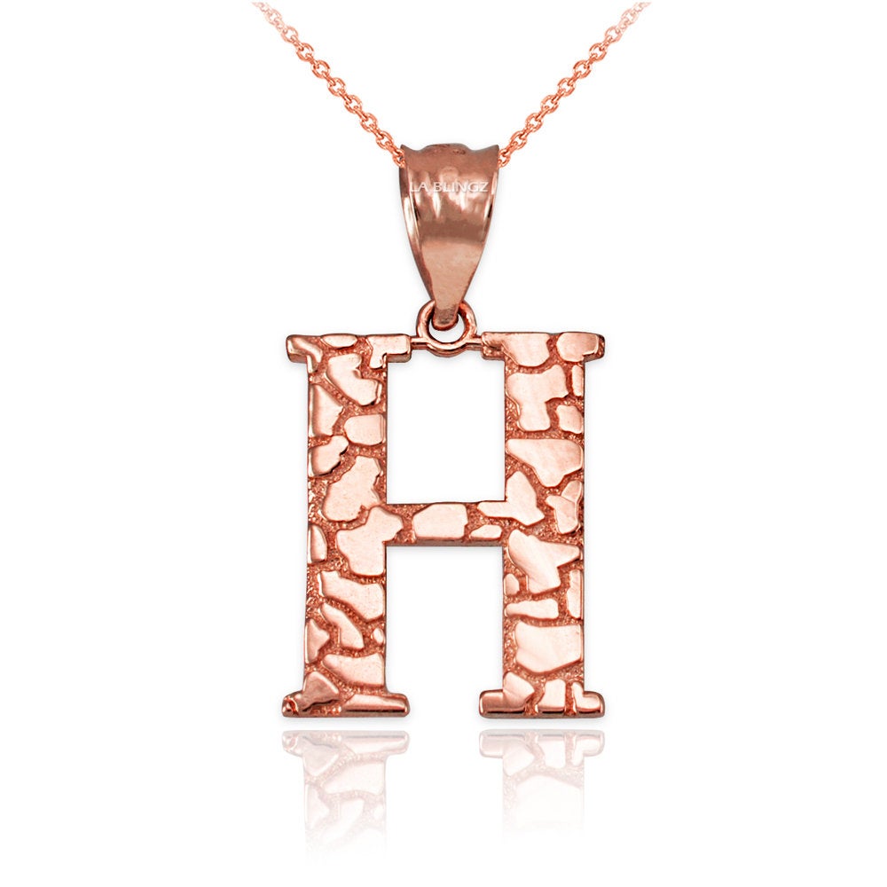 Gold Nugget Alphabet Initial Letter "H" Pendant Necklace (yellow, white, rose gold) Karma Blingz