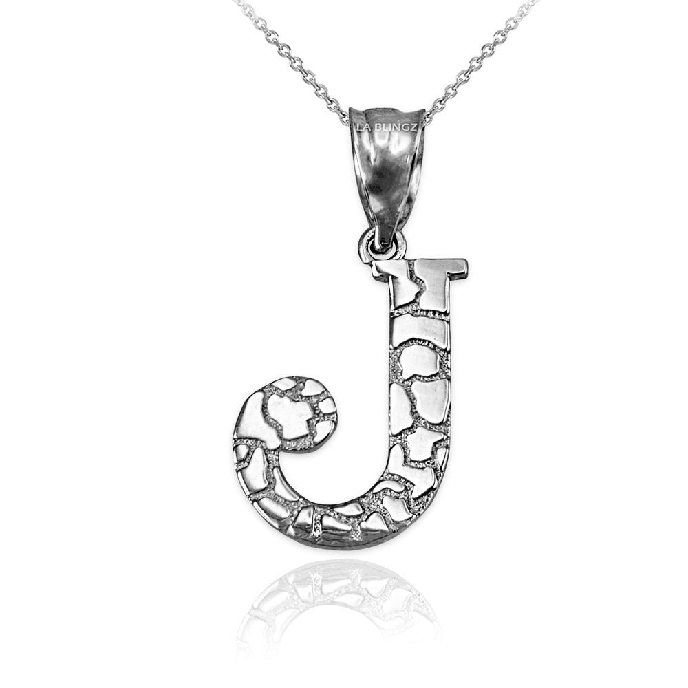 Sterling Silver Nugget Alphabet Initial Letter "J" Pendant Necklace Karma Blingz