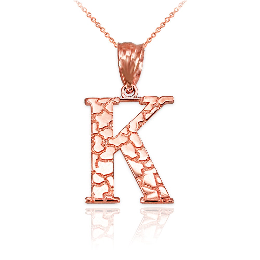 Gold Nugget Alphabet Initial Letter "K" Pendant Necklace (yellow, white, rose gold) Karma Blingz
