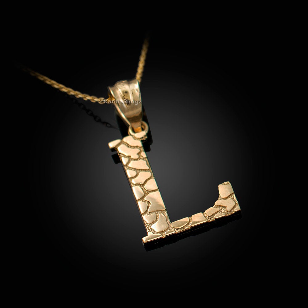 Gold Nugget Alphabet Initial Letter "L" Pendant Necklace (yellow, white, rose gold) Karma Blingz