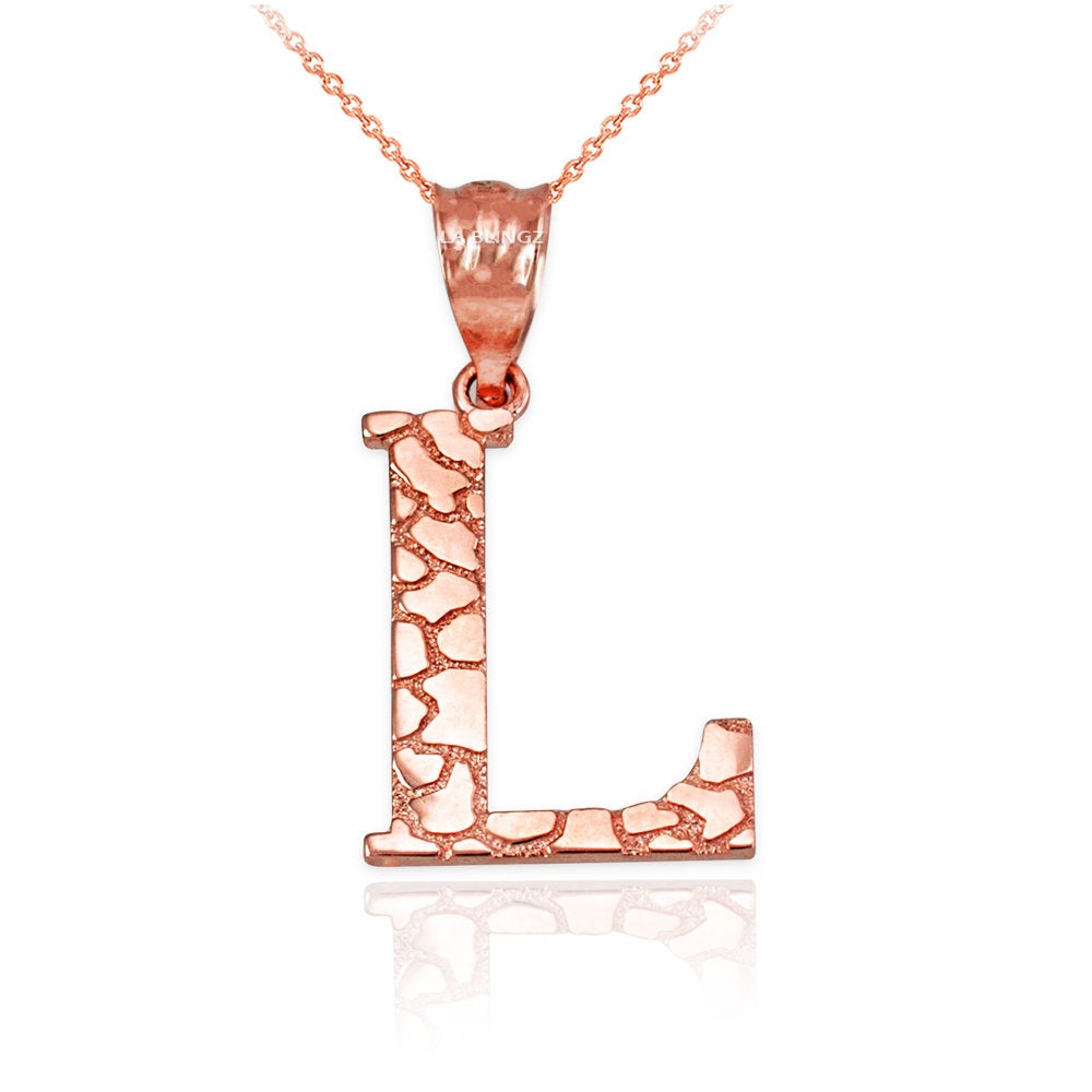 Gold Nugget Alphabet Initial Letter "L" Pendant Necklace (yellow, white, rose gold) Karma Blingz