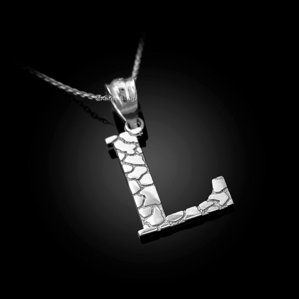 Sterling Silver Nugget Alphabet Initial Letter "L" Pendant Necklace Karma Blingz