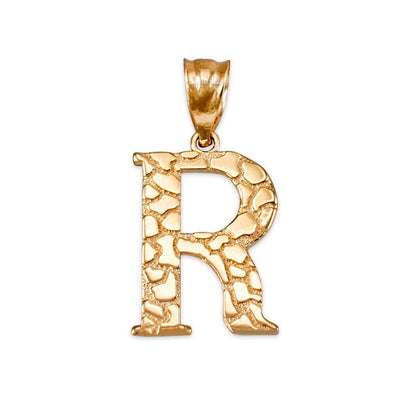 Gold Nugget Alphabet Initial Letter "R" Pendant Necklace (yellow, white, rose gold) Karma Blingz