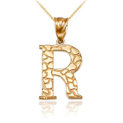 Gold Nugget Alphabet Initial Letter "R" Pendant Necklace (yellow, white, rose gold) Karma Blingz