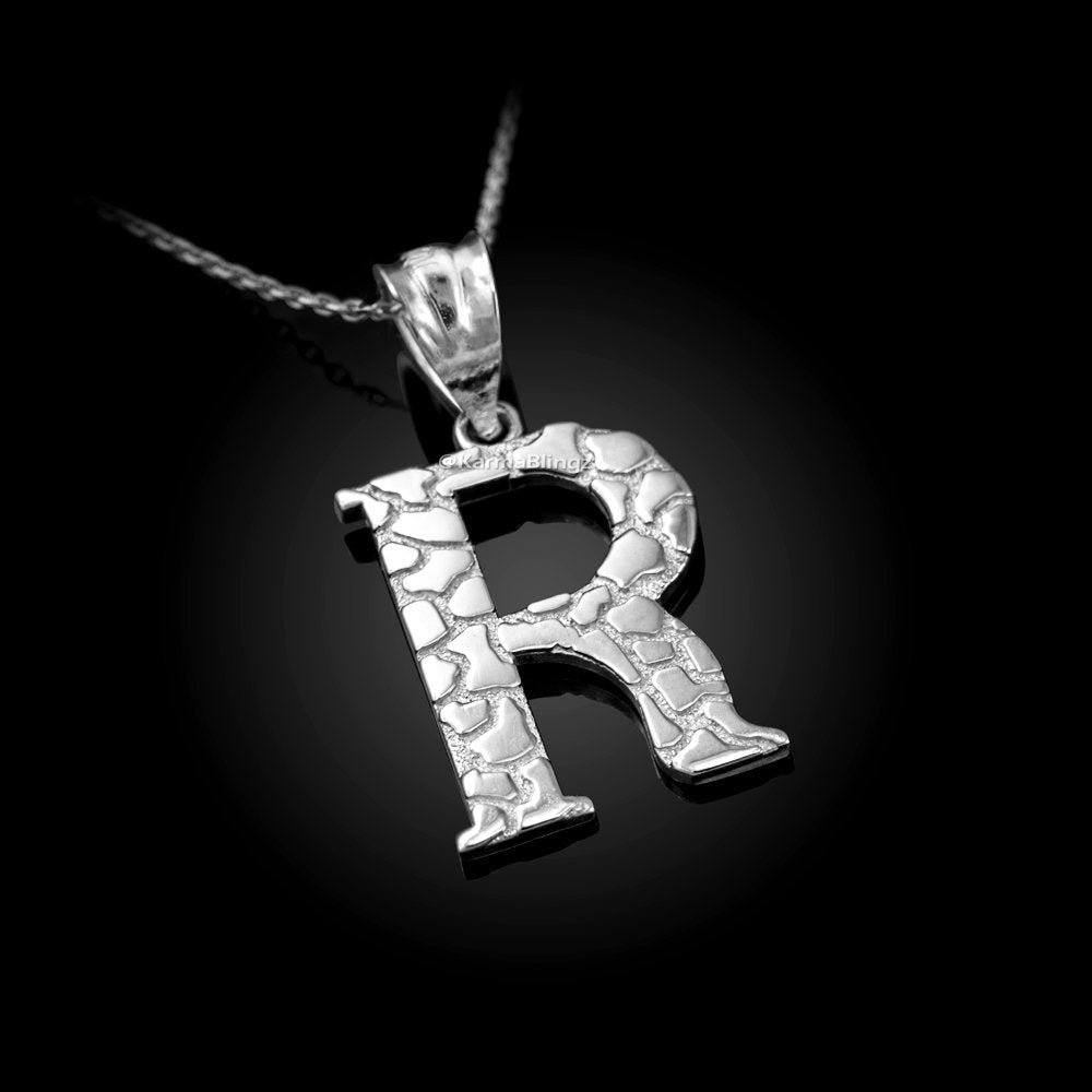 Sterling Silver Nugget Alphabet Initial Letter "R" Pendant Necklace Karma Blingz