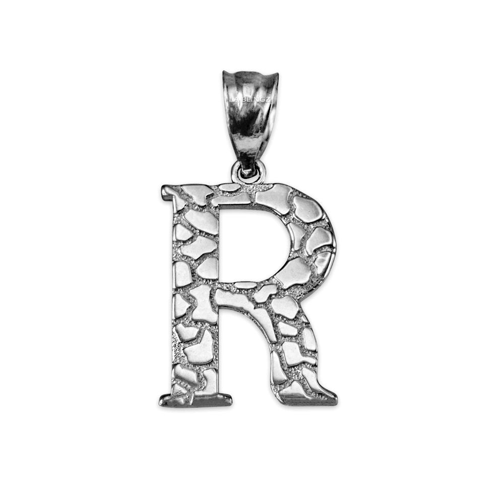 Sterling Silver Nugget Alphabet Initial Letter "R" Pendant Necklace Karma Blingz