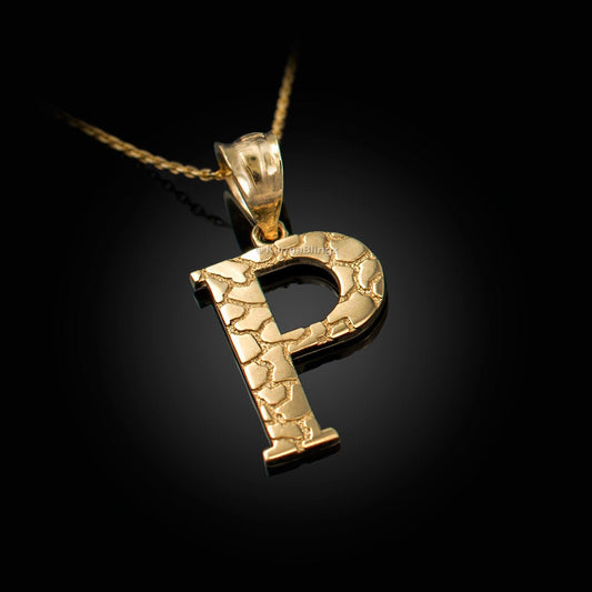 Gold Nugget Alphabet Initial Letter "P" Pendant Necklace (yellow, white, rose gold) Karma Blingz