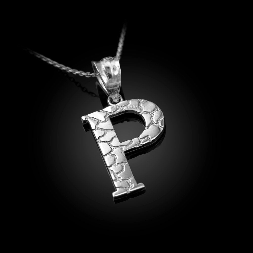 Sterling Silver Nugget Alphabet Initial Letter "P" Pendant Necklace Karma Blingz
