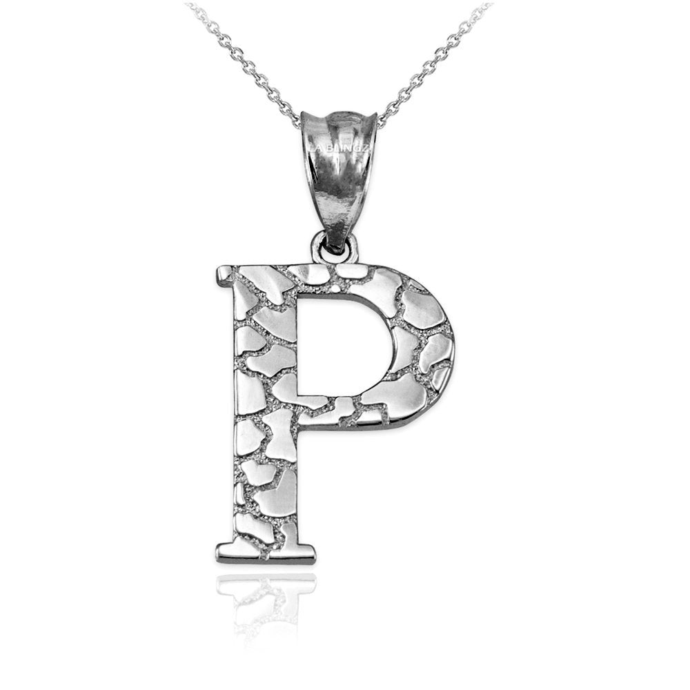 Sterling Silver Nugget Alphabet Initial Letter "P" Pendant Necklace Karma Blingz