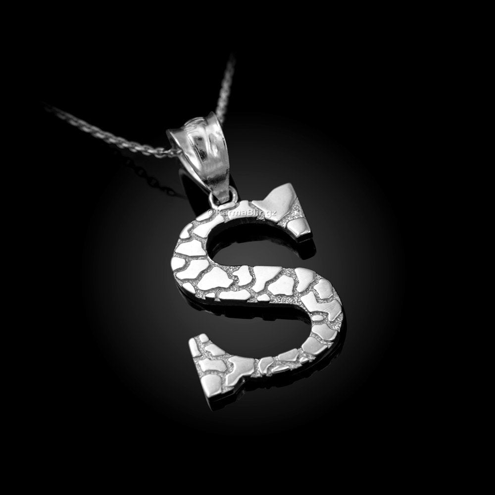 Sterling Silver Nugget Alphabet Initial Letter "S" Pendant Necklace Karma Blingz