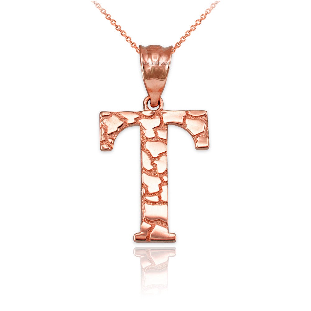 Gold Nugget Alphabet Initial Letter "T" Pendant Necklace (yellow, white, rose gold) Karma Blingz