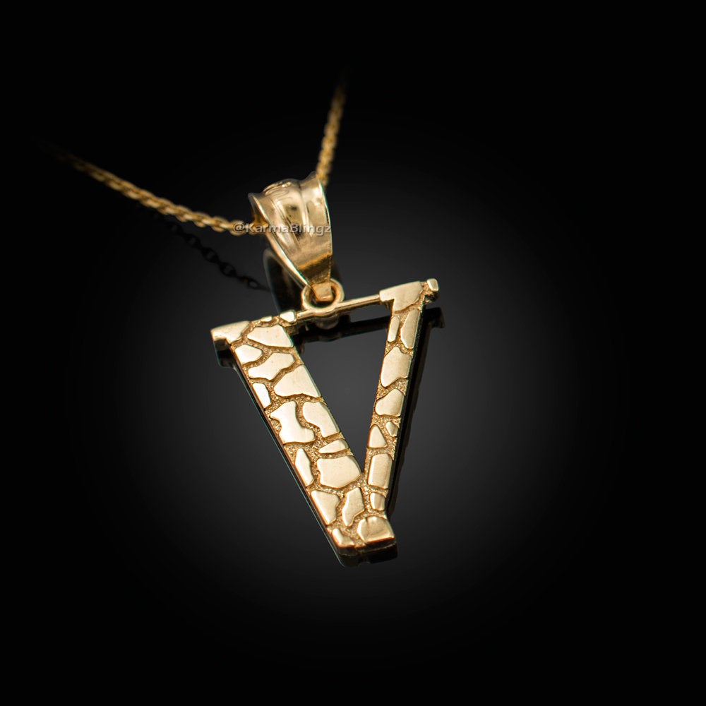 Gold Nugget Alphabet Initial Letter "V" Pendant Necklace (yellow, white, rose gold) Karma Blingz