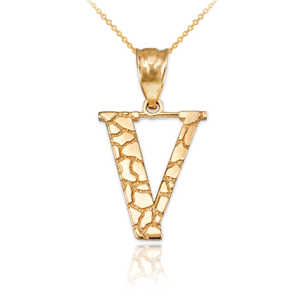 Gold Nugget Alphabet Initial Letter "V" Pendant Necklace (yellow, white, rose gold) Karma Blingz