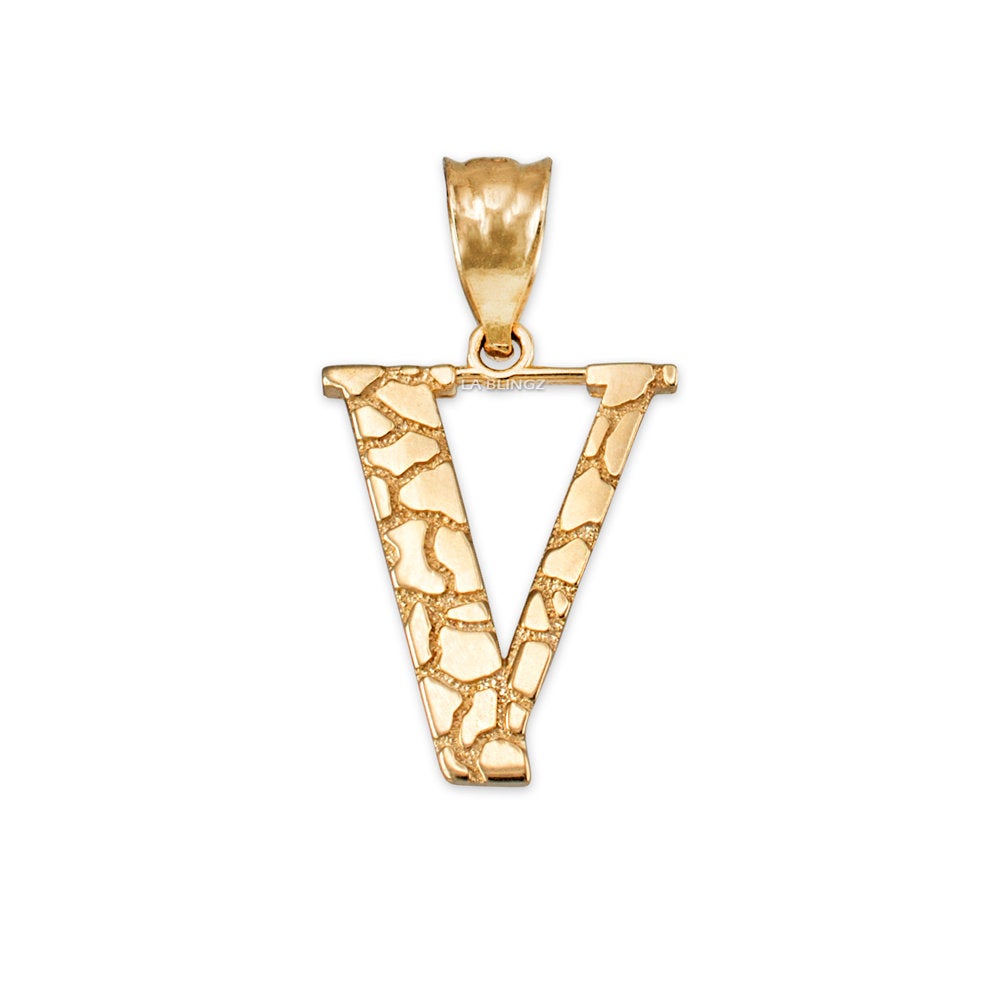 Gold Nugget Alphabet Initial Letter "V" Pendant Necklace (yellow, white, rose gold) Karma Blingz