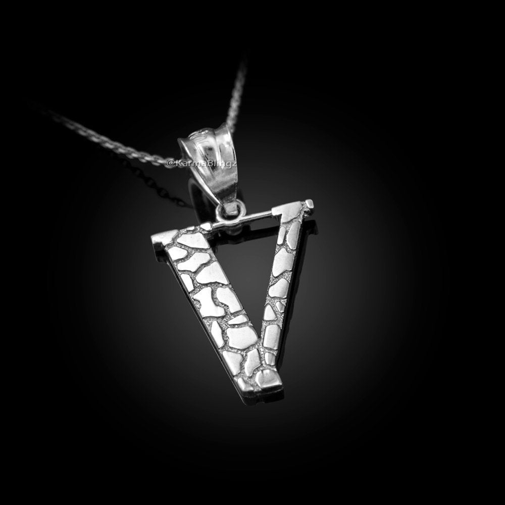 Sterling Silver Nugget Alphabet Initial Letter "V" Pendant Necklace Karma Blingz