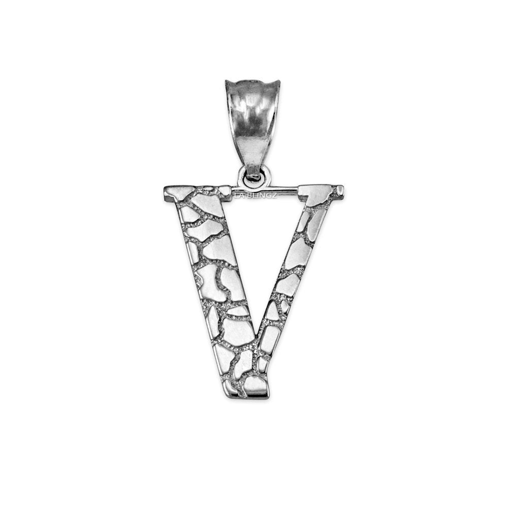 Sterling Silver Nugget Alphabet Initial Letter "V" Pendant Necklace Karma Blingz