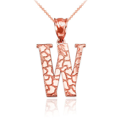 Gold Nugget Alphabet Initial Letter "W" Pendant Necklace (yellow, white, rose gold) Karma Blingz