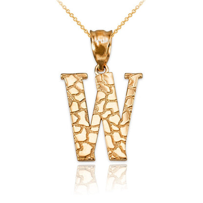 Gold Nugget Alphabet Initial Letter "W" Pendant Necklace (yellow, white, rose gold) Karma Blingz