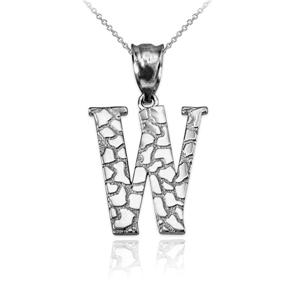 Sterling Silver Nugget Alphabet Initial Letter "W" Pendant Necklace Karma Blingz