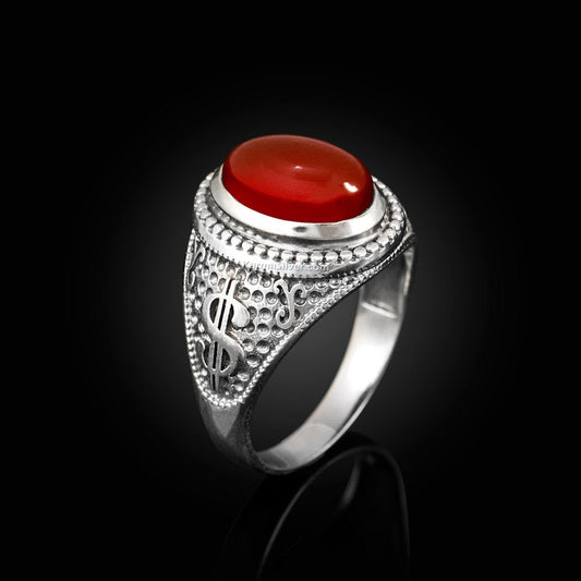 Sterling Silver Cash Money Dollar Sign Red Onyx Gemstone Ring Karma Blingz