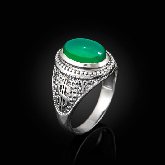 Sterling Silver Cash Money Dollar Sign Green Onyx Gemstone Ring Karma Blingz