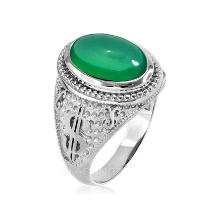 Sterling Silver Cash Money Dollar Sign Green Onyx Gemstone Ring Karma Blingz