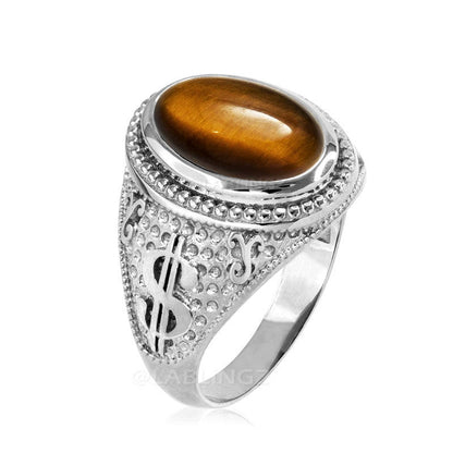 Sterling Silver Cash Money Dollar Sign Tiger Eye Gemstone Ring Karma Blingz