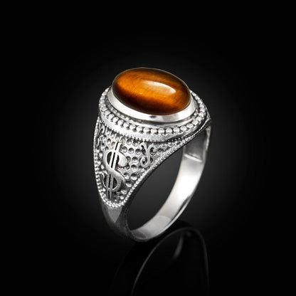 Sterling Silver Cash Money Dollar Sign Tiger Eye Gemstone Ring Karma Blingz