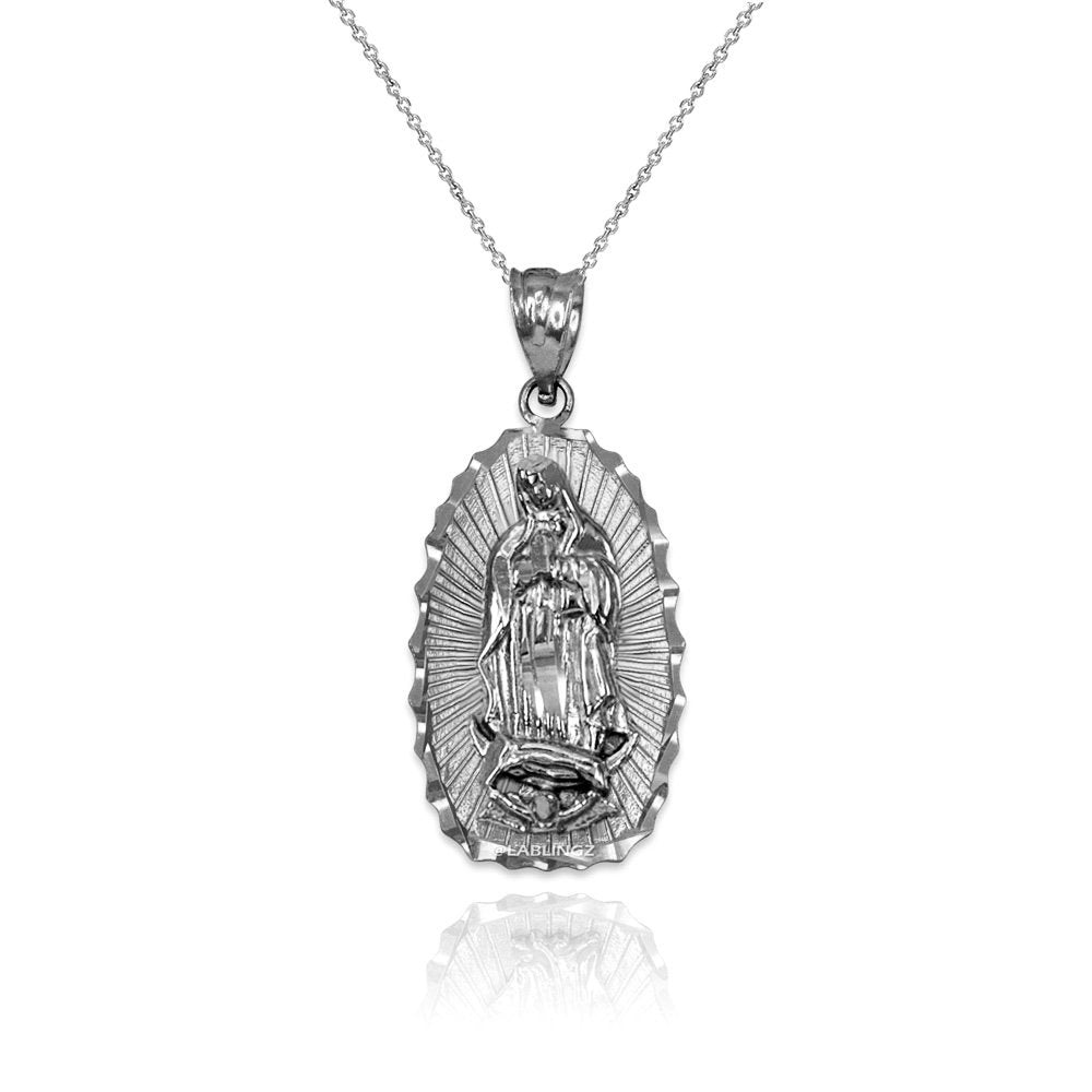White Gold Our Lady of Guadalupe DC Pendant Necklace (10k, 14k) Karma Blingz