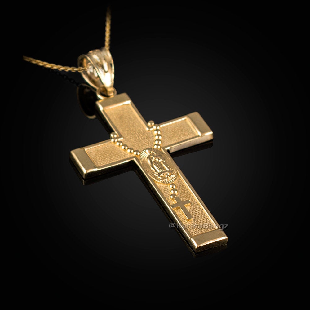 Gold Guadalupe Cross Rosary Pendant Necklace  (10k, 14k, yellow, white, rose gold, two-tone gold) Karma Blingz