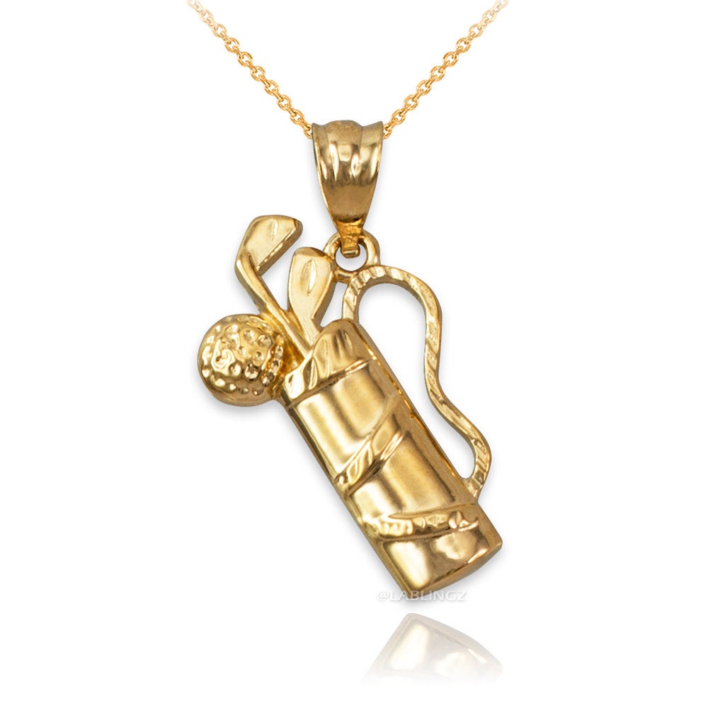Polished Gold Golf Bag Pendant Necklace (10K, 14K, yellow, white, rose gold) Karma Blingz