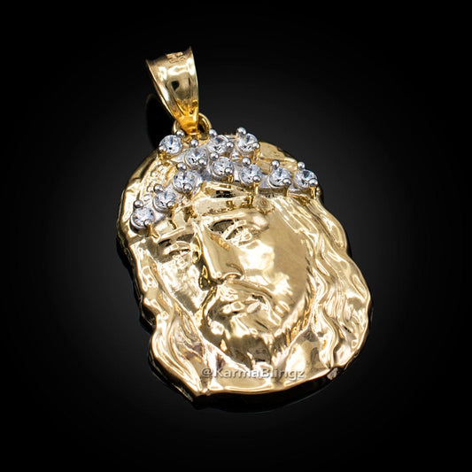 Gold Jesus Face CZ Pendant (small, large, 10k, 14k, yellow, white, rose gold) Karma Blingz