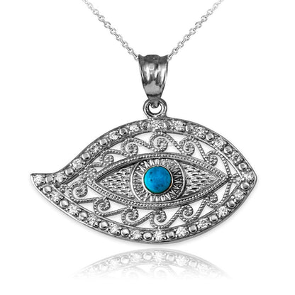 Gold Filigree Turquoise Evil Eye Diamond Pendant Necklace (10k, 14k, yellow, white, rose gold) Karma Blingz