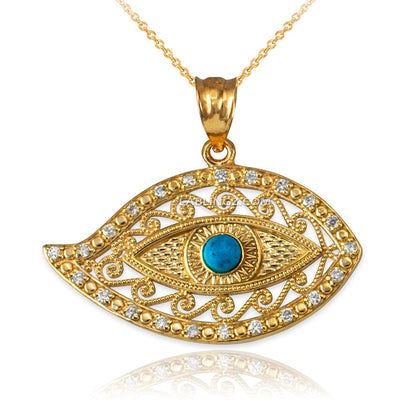 Gold Filigree Turquoise Evil Eye Diamond Pendant Necklace (10k, 14k, yellow, white, rose gold) Karma Blingz