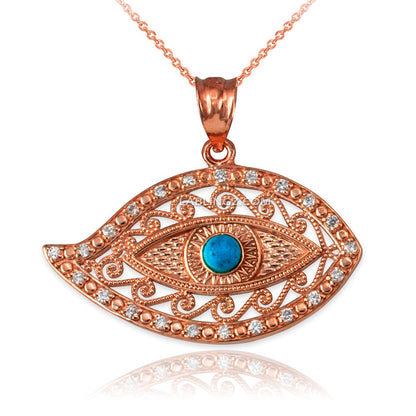 Gold Filigree Turquoise Evil Eye Diamond Pendant Necklace (10k, 14k, yellow, white, rose gold) Karma Blingz
