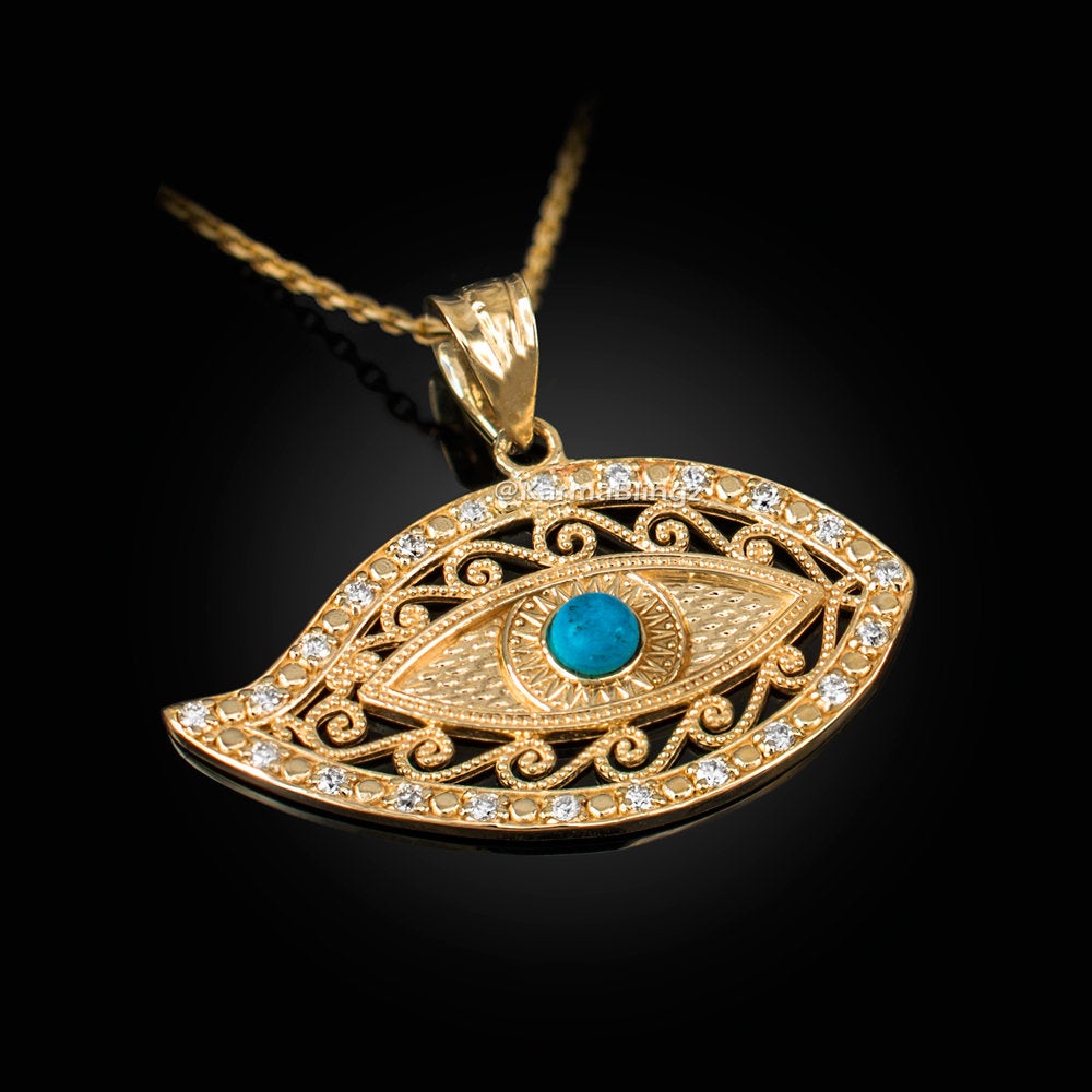 Gold Filigree Turquoise Evil Eye Diamond Pendant Necklace (10k, 14k, yellow, white, rose gold) Karma Blingz