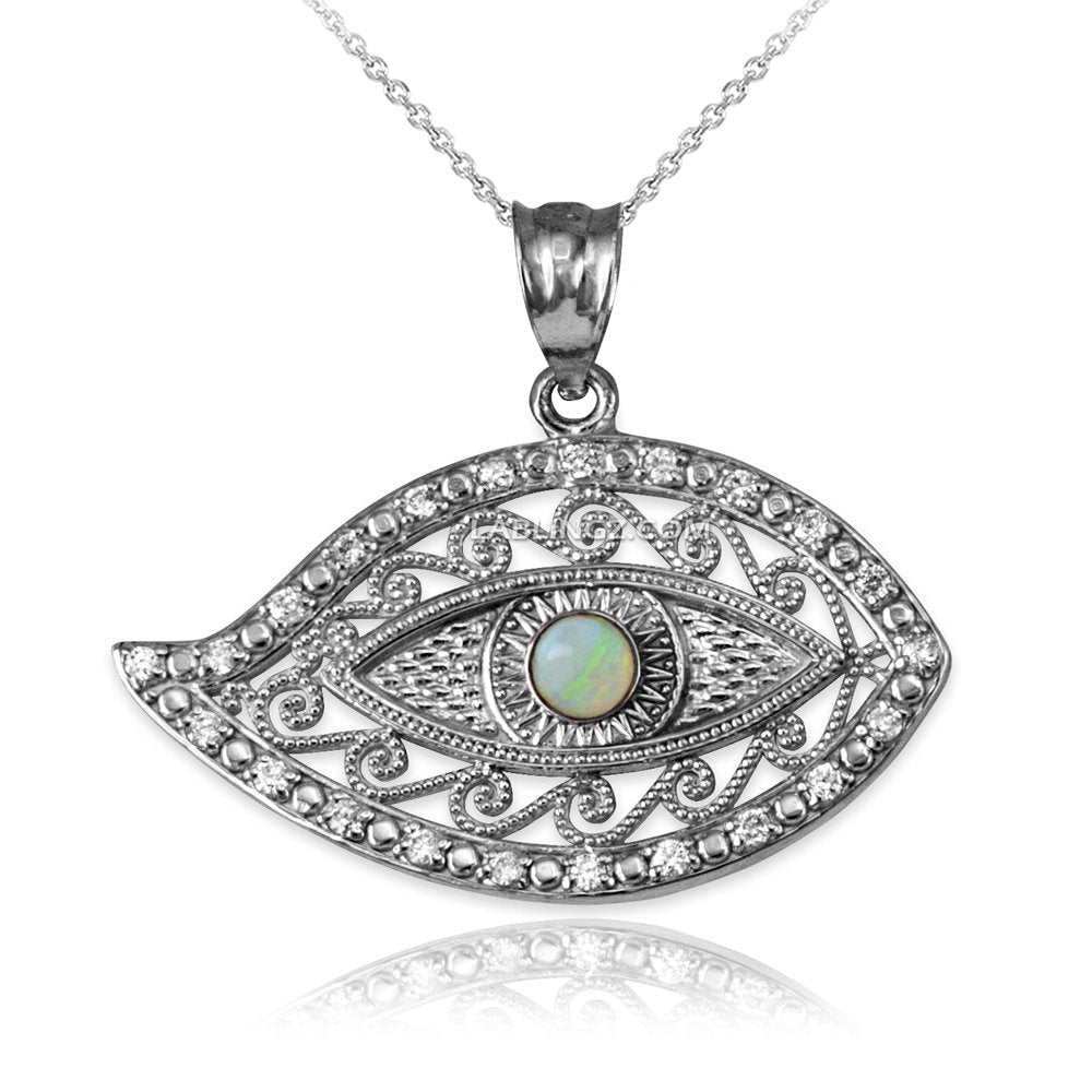 Sterling Silver Evil Eye White Opal CZ Pendant Necklace Karma Blingz