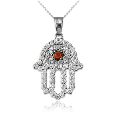 Diamond Studded Gold Filigree Genuine Garnet Hamsa Charm Necklace (10k, 14k, yellow, white, rose gold) Karma Blingz