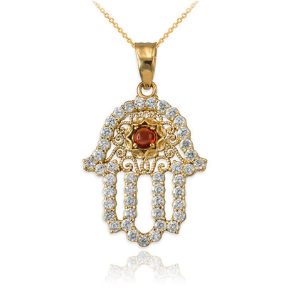 Diamond Studded Gold Filigree Genuine Garnet Hamsa Charm Necklace (10k, 14k, yellow, white, rose gold) Karma Blingz