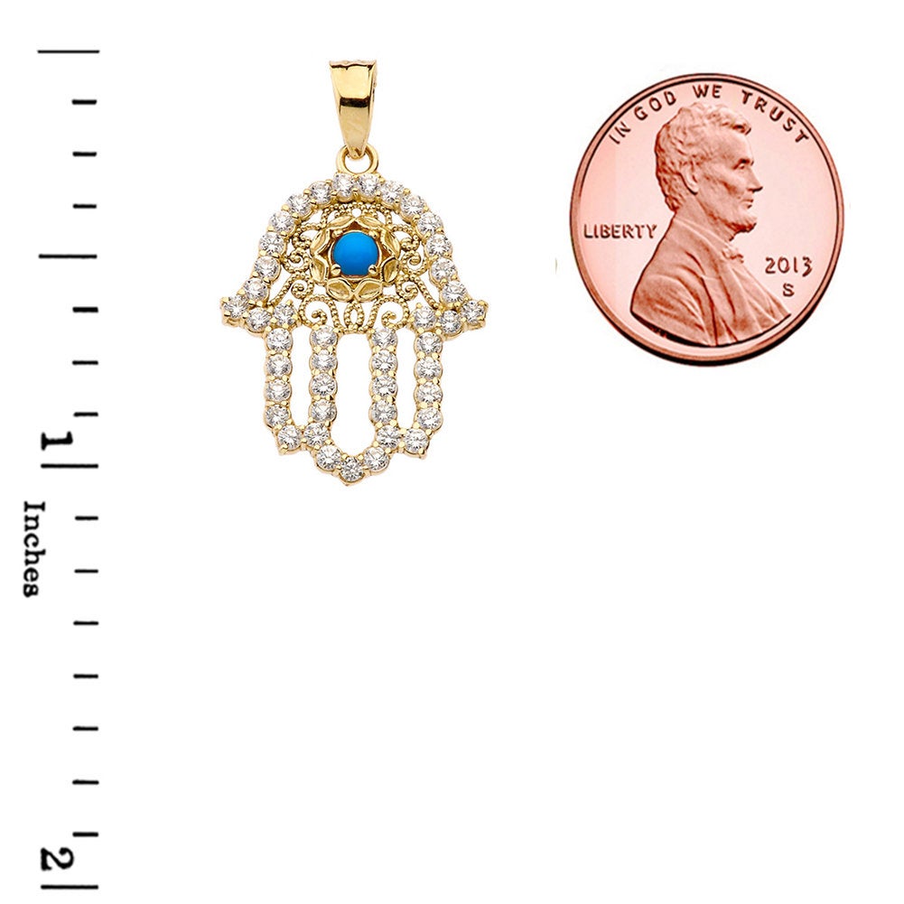 Diamond Studded Gold Filigree Turquoise Hamsa Charm Necklace (10k, 14k, yellow, white, rose gold) Karma Blingz