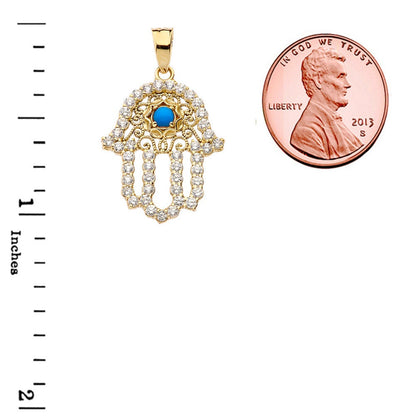 Diamond Studded Gold Filigree Turquoise Hamsa Charm Necklace (10k, 14k, yellow, white, rose gold) Karma Blingz