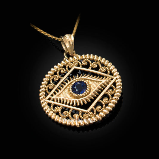 Gold Filigree Evil Eye Blue CZ Medallion Pendant Necklace (yellow, white, rose gold) Karma Blingz