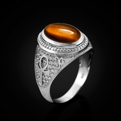 Sterling Silver Egyptian Ankh Cross Tiger Eye Gemstone Ring Karma Blingz