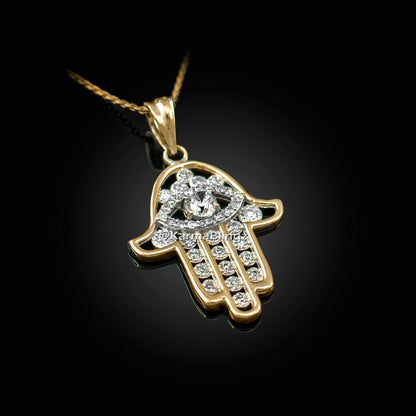 Diamond Studded Gold Hamsa Evil Eye Pendant Necklace (10k, 14k, yellow, white, rose gold) Karma Blingz
