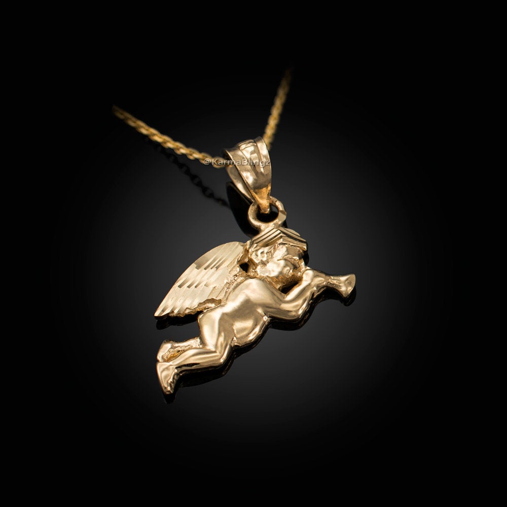 Polished Gold Trumpeting Angel DC Charm Necklace (yellow, white, rose gold, 10k, 14k) Karma Blingz