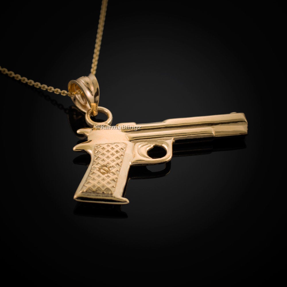 Solid Gold Pistol Gun Pendant Necklace (10k, 14k, yellow, white, rose gold) Karma Blingz