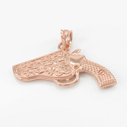 Solid Gold Revolver Pistol Gun Holster Pendant Necklace (10k, 14k, yellow, white, rose gold) Karma Blingz