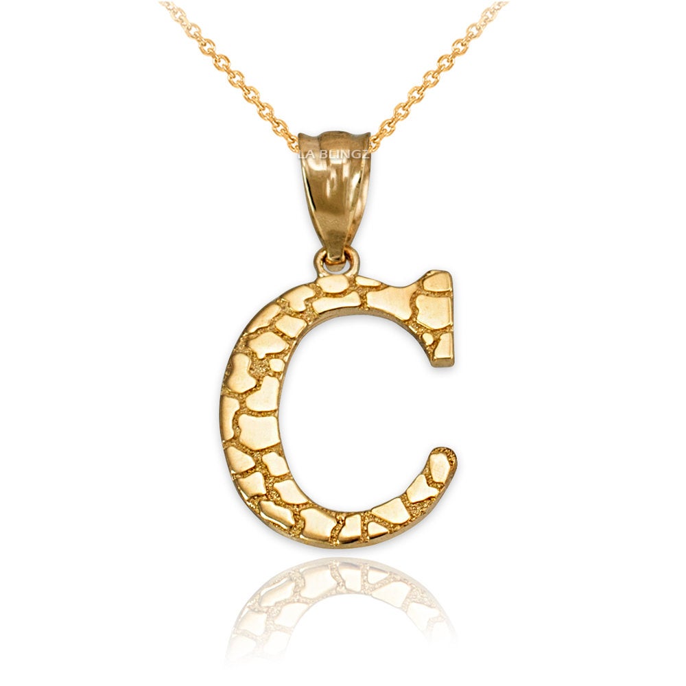 Gold Nugget Alphabet Initial Letter "C" Pendant Necklace (yellow, white, rose gold) Karma Blingz