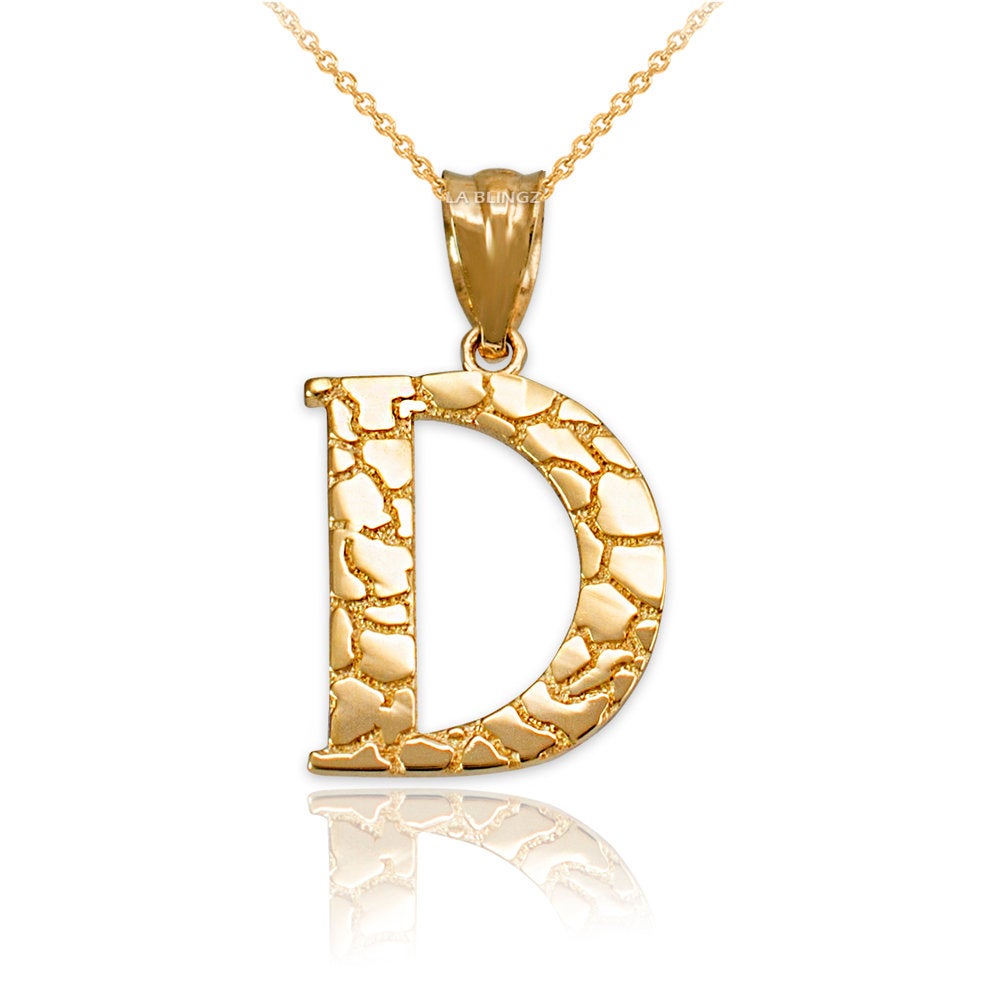 Gold Nugget Alphabet Initial Letter "D" Pendant Necklace (yellow, white, rose gold) Karma Blingz