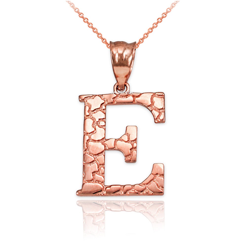 Gold Nugget Alphabet Initial Letter "E" Pendant Necklace (yellow, white, rose gold) Karma Blingz
